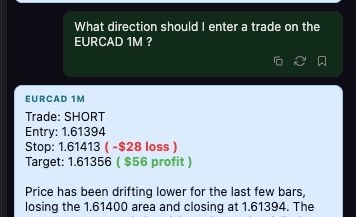 Asking LiveCharts AI which direction to trade EURCAD 1-minute, with its entry, stop and target